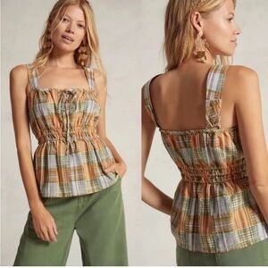 Anthropologie Pilcro Letterpress Plaid Smocked Peplum Top Size 4 NWT